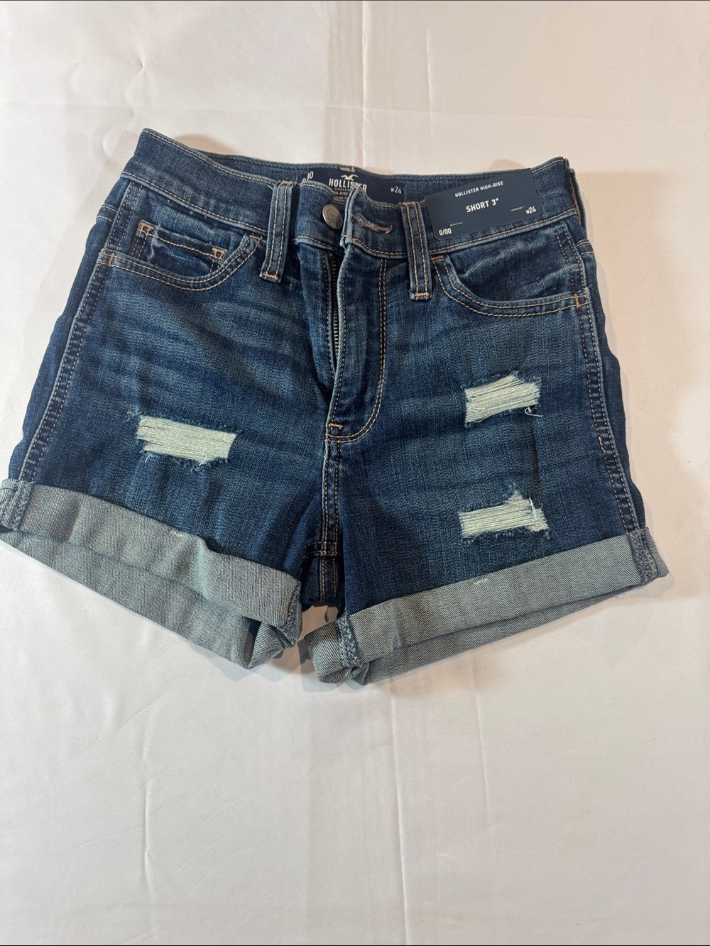 Hollister Women's Rolled Cuff Dark Blue Distressed Jean Shorts